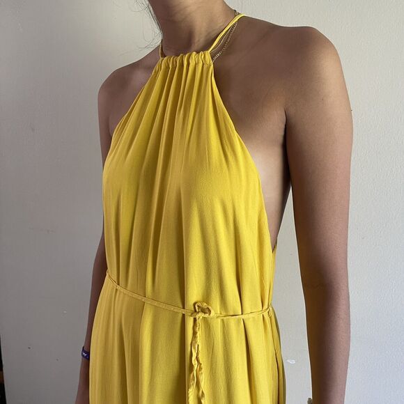 Urban Outfitters Halter Maxi Sun Dress Oversize XS Sleevless Slit Pockets Yellow - Picture 4 of 10
